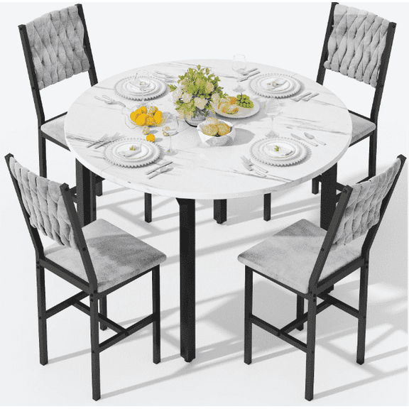 Baxluxe 109"Round Dining Table Set with 4 Upholstered Chairs, Modern Rustic Round Kitchen Dining Furniture for Dining Room & Apartment，White&Gray