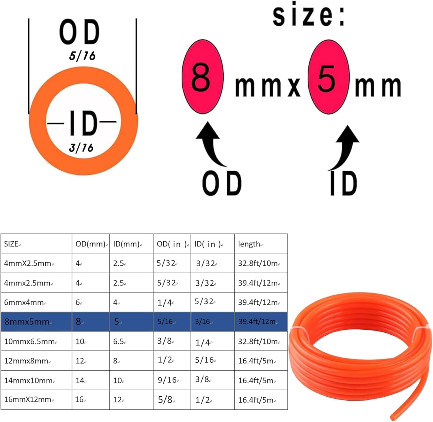 MKEUDQ-Pneumatic Tubing Pipe 5/16" OD Orange Air Compressor PU Line Hose Tube for Water Fluid Transfer 12 Meter 39.4ft