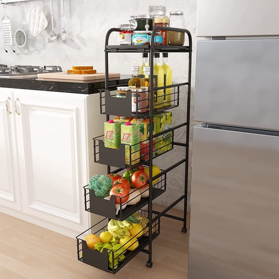 5 Tier Slim Rolling Cart with Pull-Out Drawers, Multi-Layer Narrow Storage Shelf Organizer on Wheels, Metal Wire Baskets for Fruit, Dishes, Freestanding Unit for Kitchen, Bathroom, Home Office