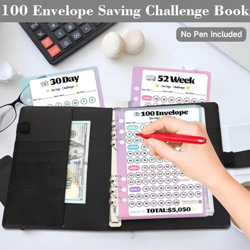 2 Pack 100 Envelopes Money Saving Challenge, Cash Budget Planner A5 Binder, Savings Challenges Book Organizer Folder, with 3 Tracker to Save $5,050 and $2,600, $300, 100 Pre-numbered Pockets, Bla