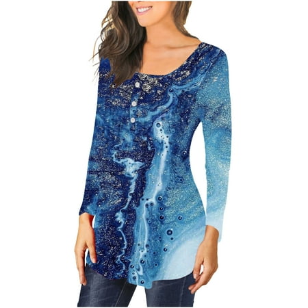 

Long Sleeve Shirts for Women Dressy Long Sleeve Shirts for Women Under Scrubs Women Casual T-shirt Printed Long Sleeve Round Neck Ruched Pullover Blouse Tops Long Sleeve Blouses Dark Blue XL