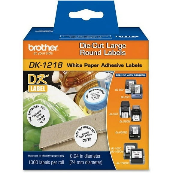 Brother DK1218 - White Round Paper Adhesive Labels - 1" Length - 1000 / Roll - Direct Thermal - White - 1000 / Roll | Bundle of 5 Rolls