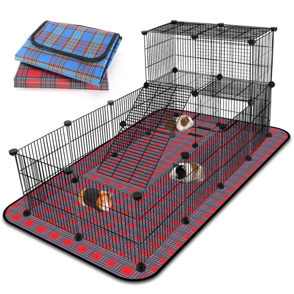FHTONGE Extra Large Guinea Pig Cage Loft with 2 Waterproof Bedding, DIY Expandable Guinea Pig Playpen with Mat, Modular Small Animal Playpen with Mat for Rat Hamster Chinchilla Bunny