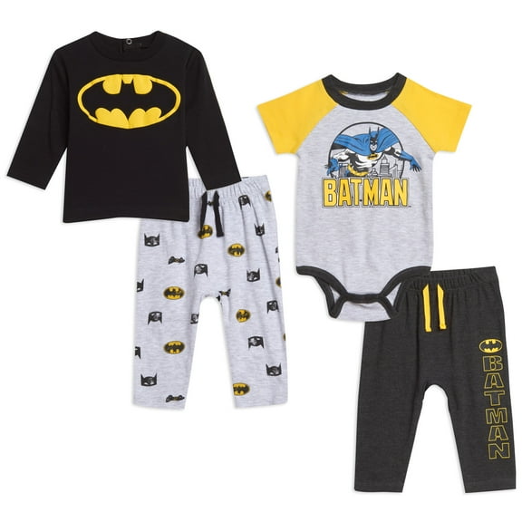 DC Comics Justice League Batman Newborn Baby Boys Bodysuit Pullover T-Shirt and Pants 4 Piece Layette Set Newborn to Infant