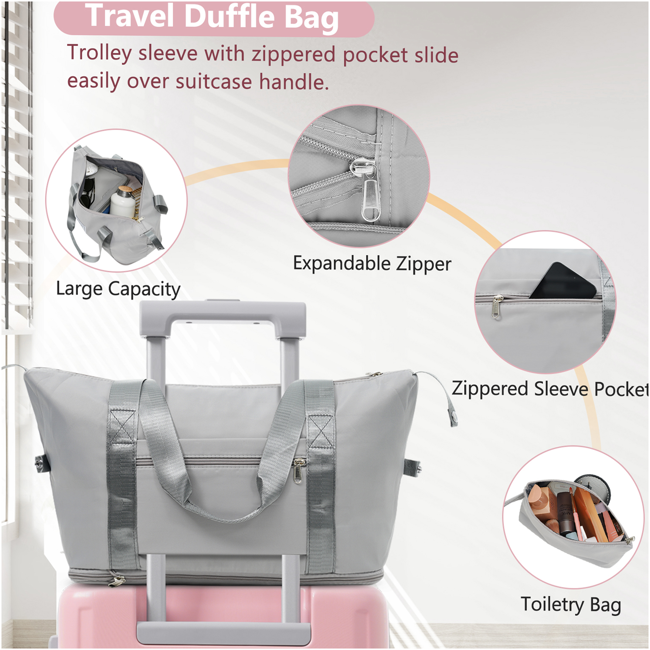JERFIT 3-Piece Pink Lady ABS Hardshell Luggage Set with Spinner Wheels, TSA Lock, Expandable Carry On Suitcase & Weekender Bag for Travel
