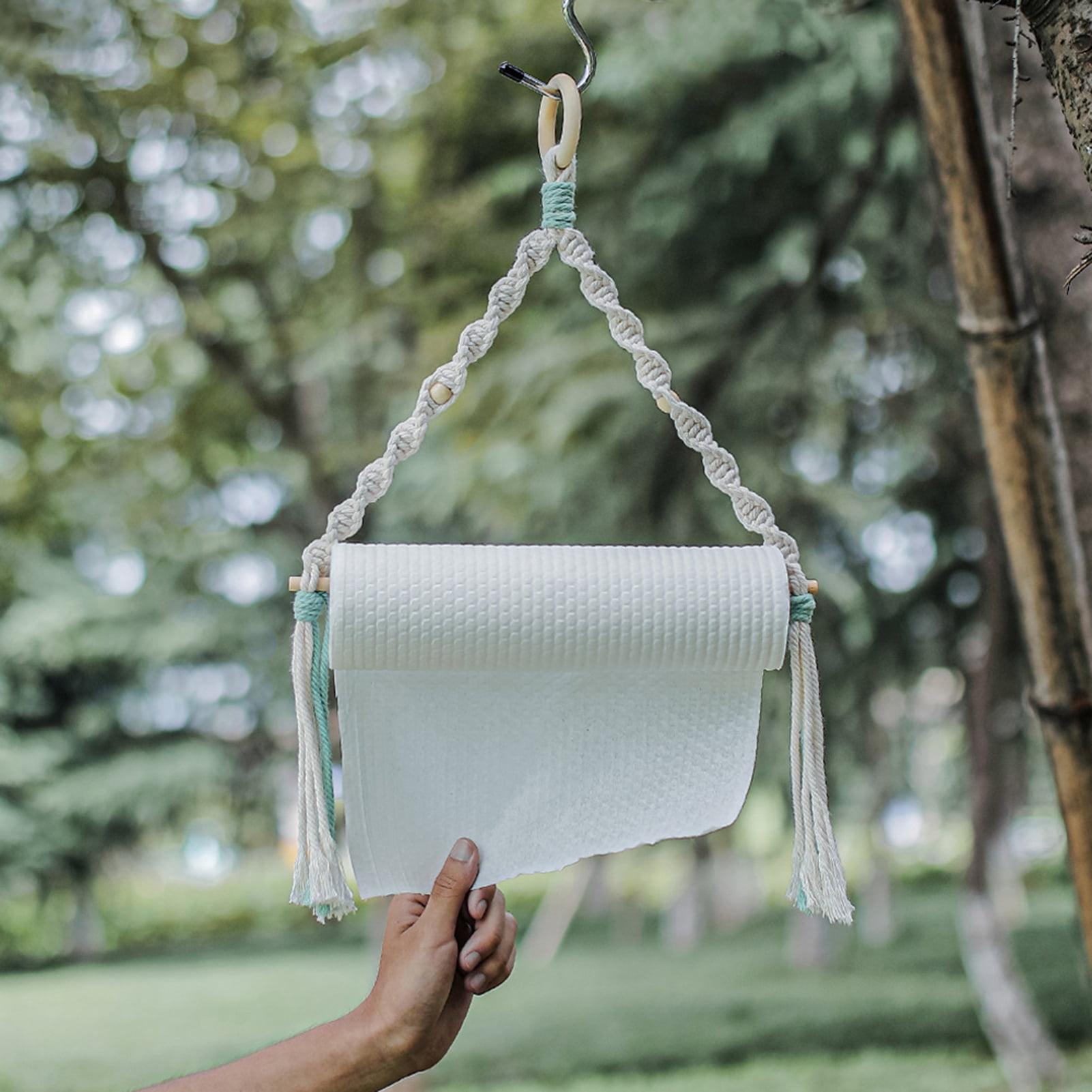 LeKY Paper Roll Holder Macrame Smooth Stick Multipurpose Outdoor Hanging Paper  Towel Holder for Home Camping Beige 