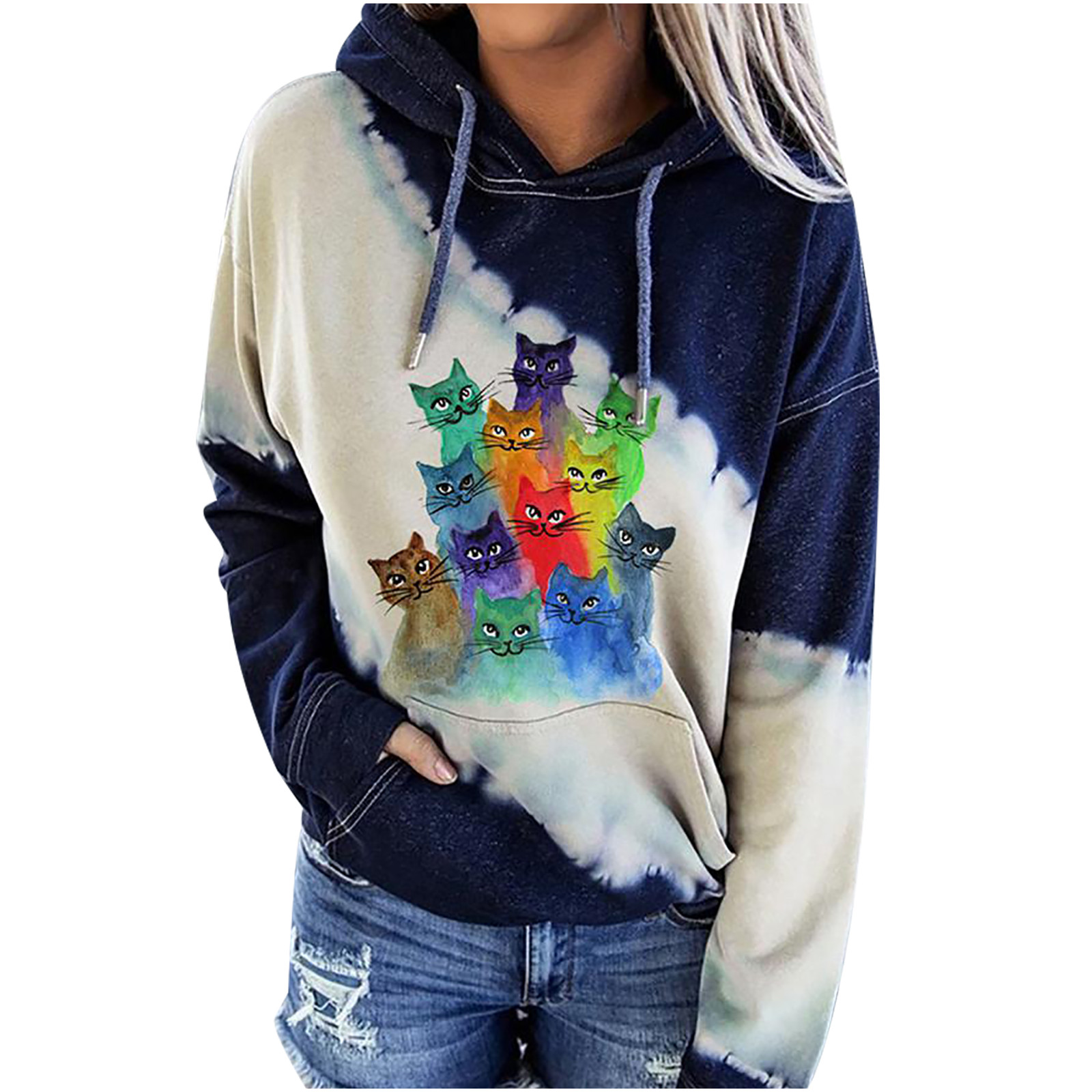 color block cat print sweatshirt
