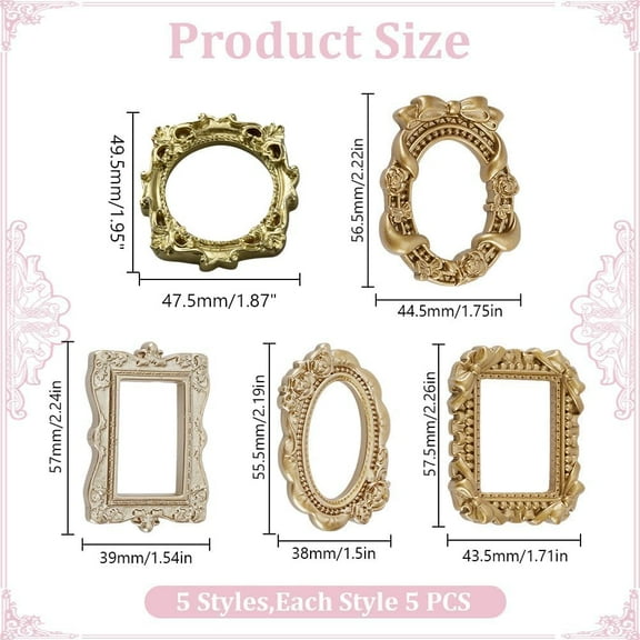 25Pcs 5 Styles Mini Resin Picture Frame Vintage Photo Frame Tiny Antique Jewelry Display Frame Miniature Photography Photo Frame Ornament for Desktop Party Decorate Phone Manicure