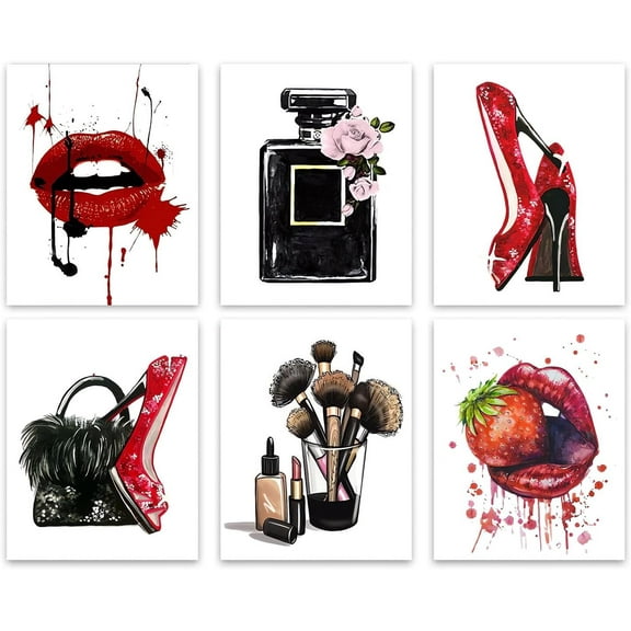Fashion Woman Wall Art - Red heels Perfume Red Lips Canvas Art Prints for Teenage Girls Bedroom College Dorm Decor - (Set of 6 8x10 inch) Unframed