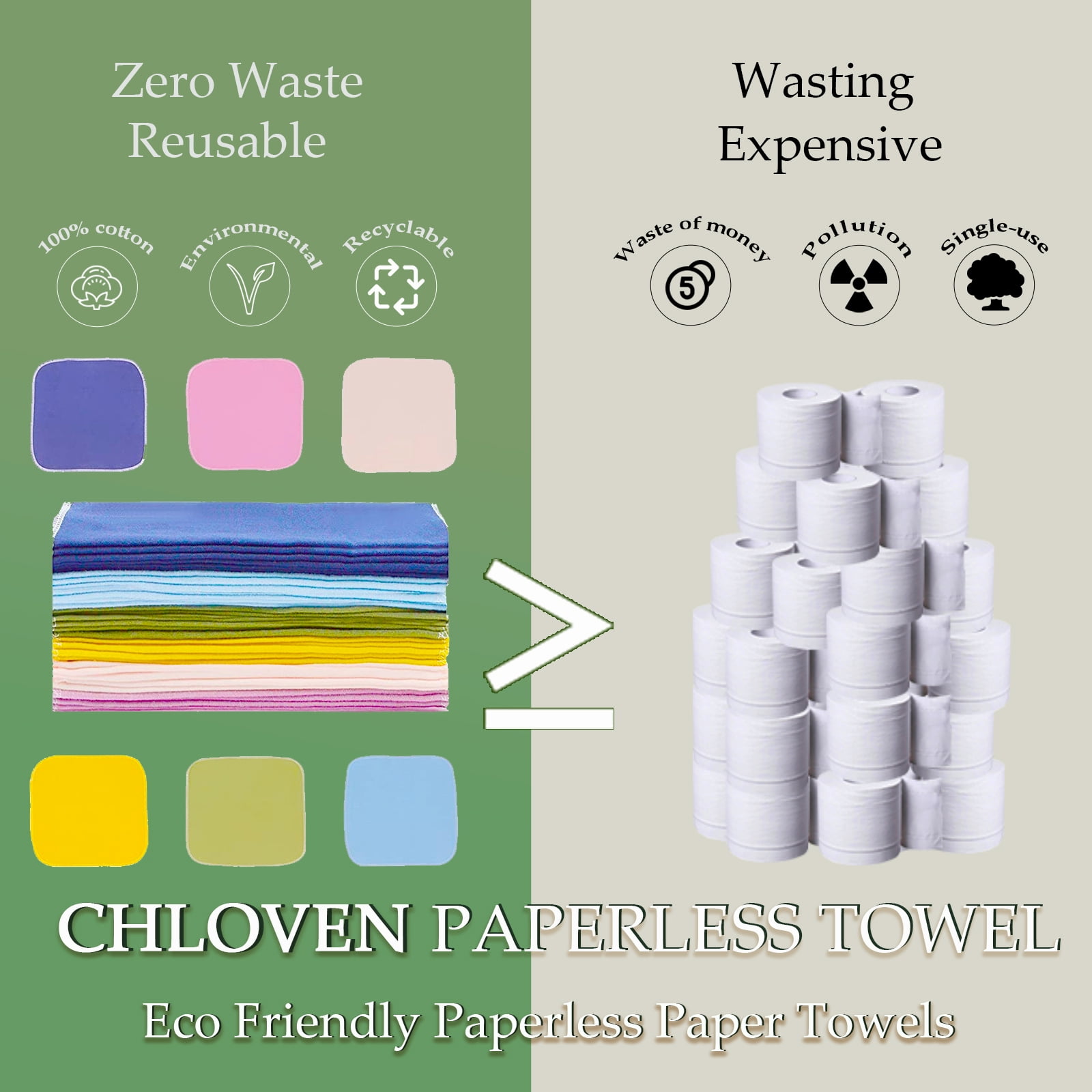 Chloven Reusable Paperless Towels, Washable 100% Cotton Cloth Paperless Towels - 30 Pack 10'' X 10'' Zero Waste Reusable Napkins Eco Friendly Paperless Paper Towels, Solid color