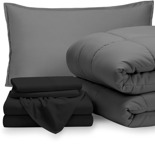 Bare Home 5Piece BedinaBag, Twin XL, Gray with Black Sheet Set