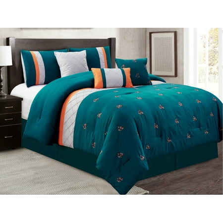 7 Pc Floral Embroidery Pleated Diamond Stripe Comforter Set Teal