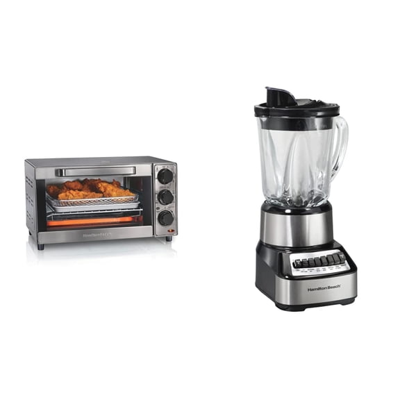 Hamilton Beach Sure-Crisp Air Fryer Countertop Toaster Oven, Fits 9” Pizza, 4 Slice Capacity, Powerful Circulation, Auto Shutoff & Wave Crusher Blender with 40 Oz Glass Jar and 14 Functions