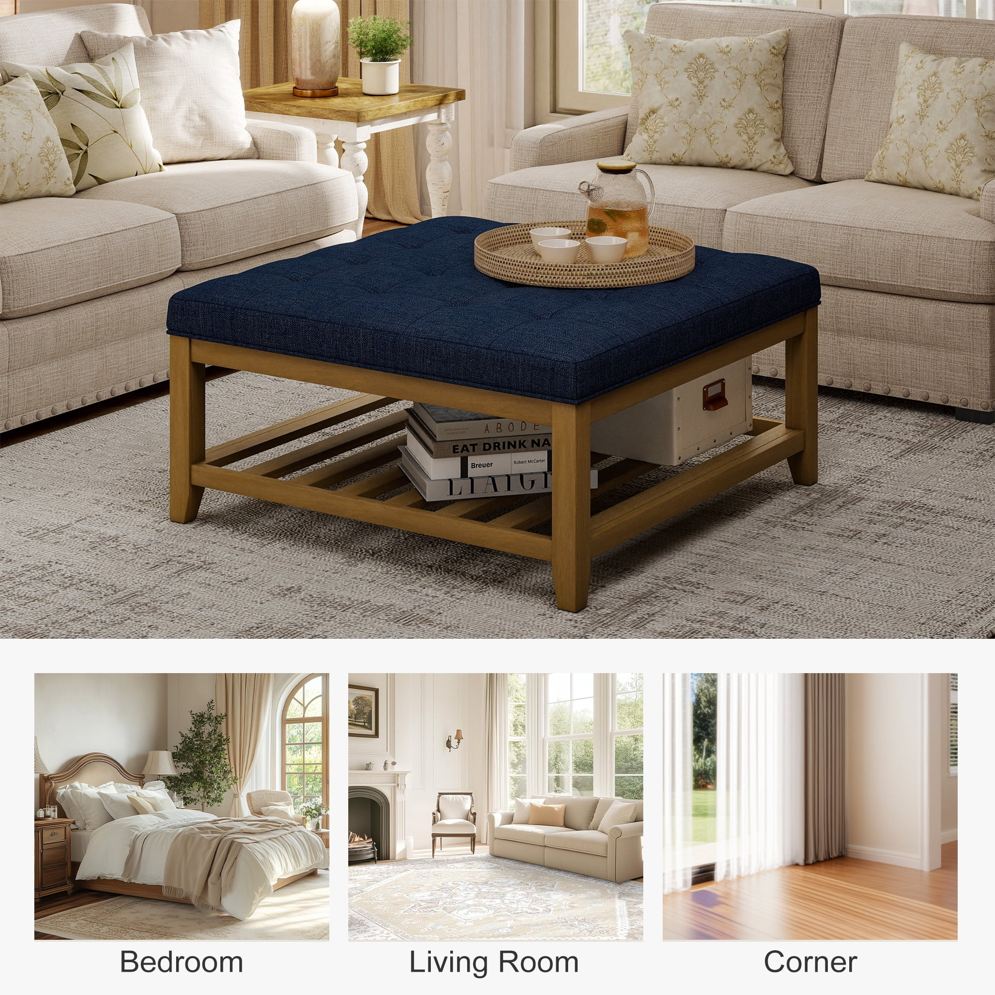 Square Upholstered Ottoman Coffee Table with Storage Shelf, Linen Fabric, Tufted Top, 31.9"x31.9", Navy Blue