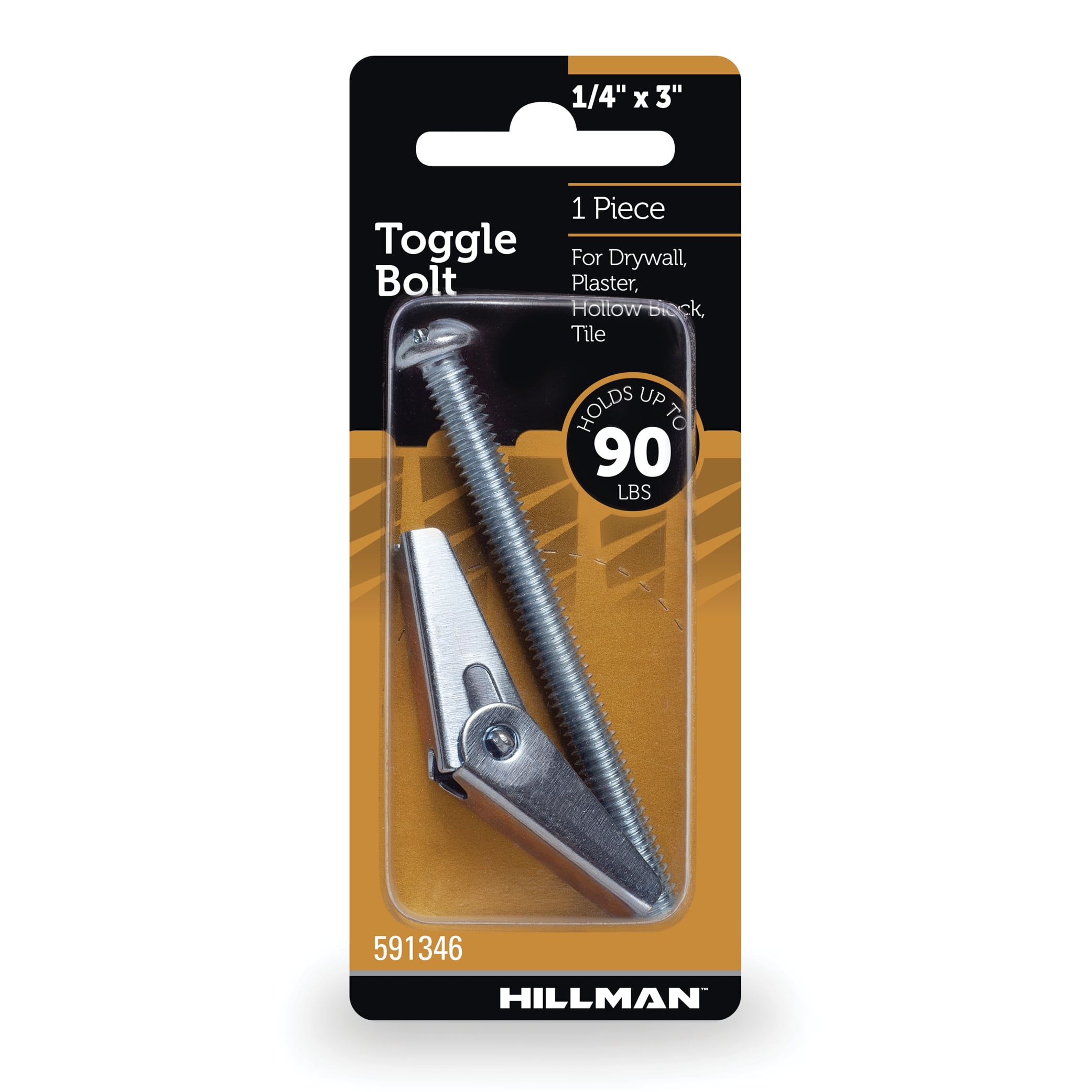 The Hillman Group, Toggle Bolts, 1/4" x 3", Zinc, Steel, 90 lbs, 1 Set