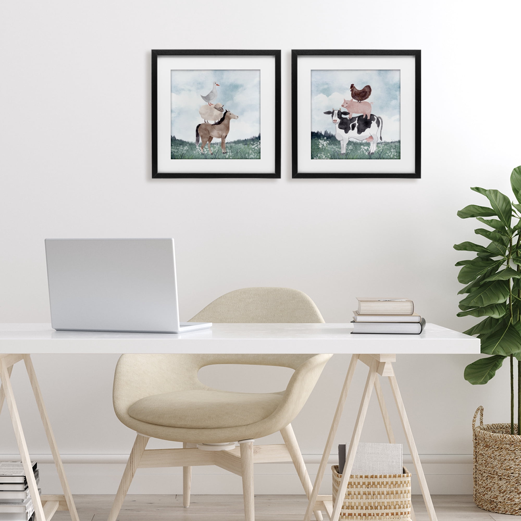 Stupell Industries Stacked Animals Blue Sky Farm 2 Piece Black Framed Print Under Glass Set, design by Kim Allen