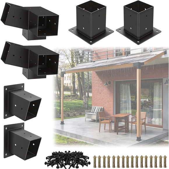 Pergola Bracket Kit, 15° 3-Way Angled Roof Brackets for 3.5 x 3.5 in Lumber, Roof and Wall Mount Extension Bracket Set, for DIY Pergola, Gazebo, Carport, Black
