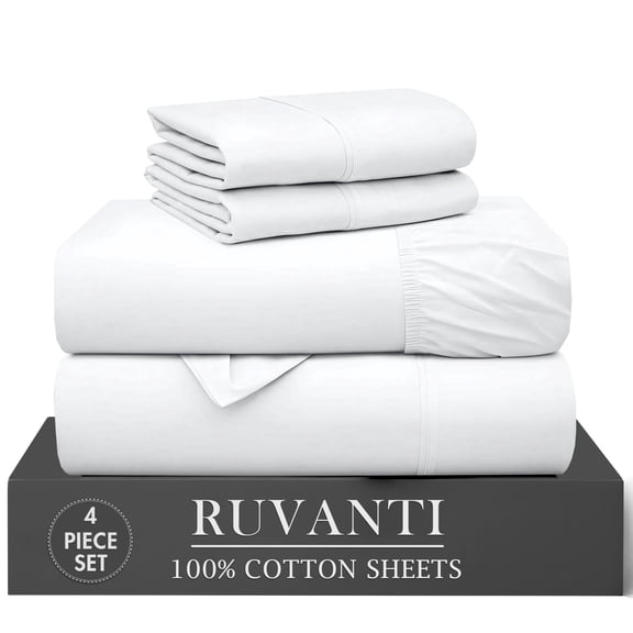 RUVANTI 4 Pcs Cotton Sheets - 100% Natural Cotton Soft, LightWeight & Breathable Crispy Percale Bed Sheets, Twin Sheets Set 16" Deep Pockets, Bright White