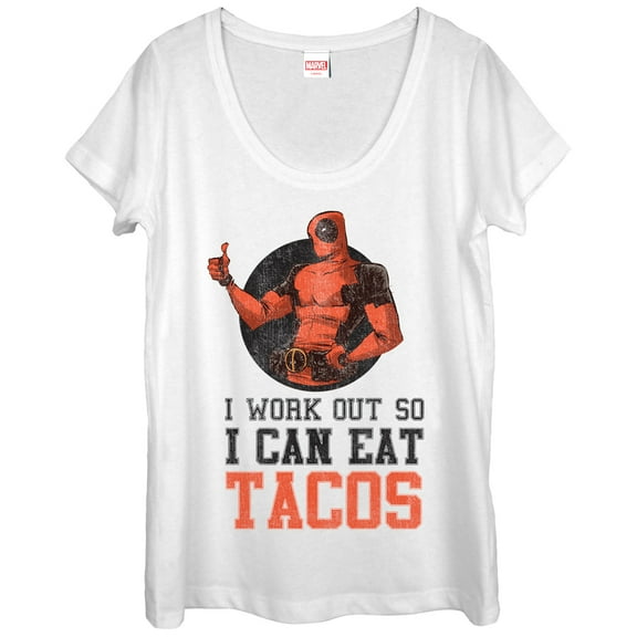 Women's Marvel Deadpool Work Out Eat Tacos  Scoop Neck White X Large