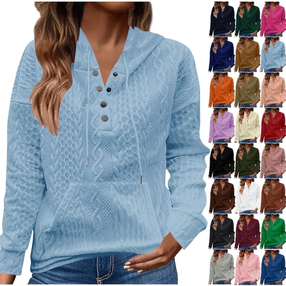 Oksale Long Sleeve Shirts for Women with Hood Loose Fit Textured Hoodies with Pockets Button Tops for Going Out Hot Pink M