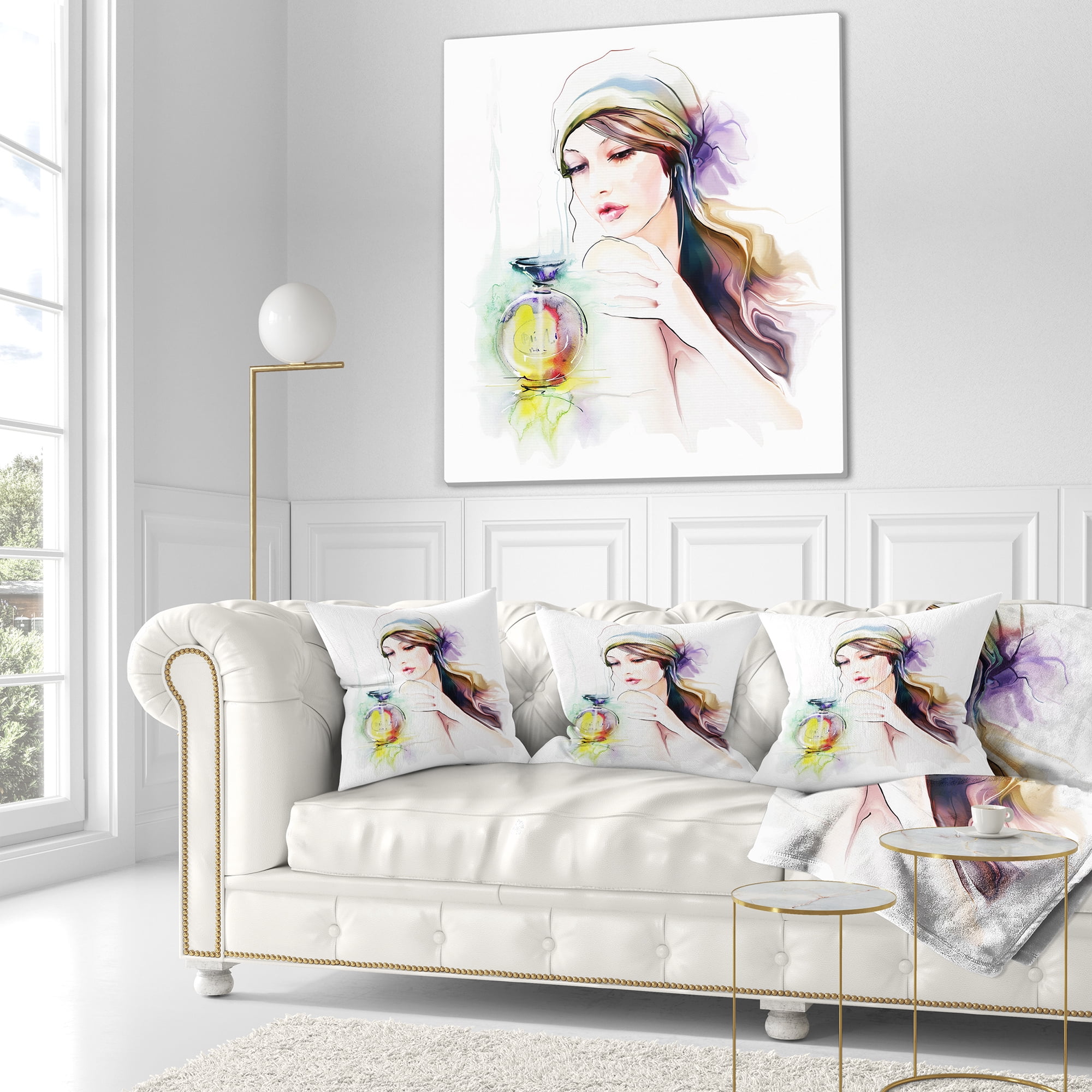 Designart Woman with Perfume Bottle - Portrait Contemporary Throw Pillow - 18x18