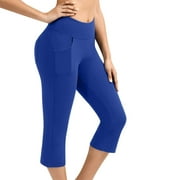 YWDJ Tights for Women Capris With Pockets High Waist Casual Yogalicious Summer Utility Dressy Everyday Soft Solid Color Pocket Knee Length Leggings Capris For Casual Summer With Pockets Blue XL