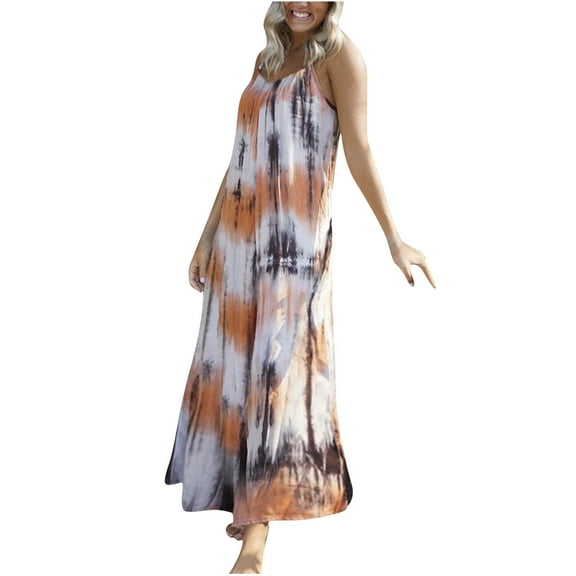 up to 60% off Gifts Usmixi Womens Dresses Sleeveless V-Neck Tie-Dye Casual Maxi Summer Dress Beach Vacation Spaghetti Strap Plus Size Long Dresses Orange XXXXL Up to 65% off
