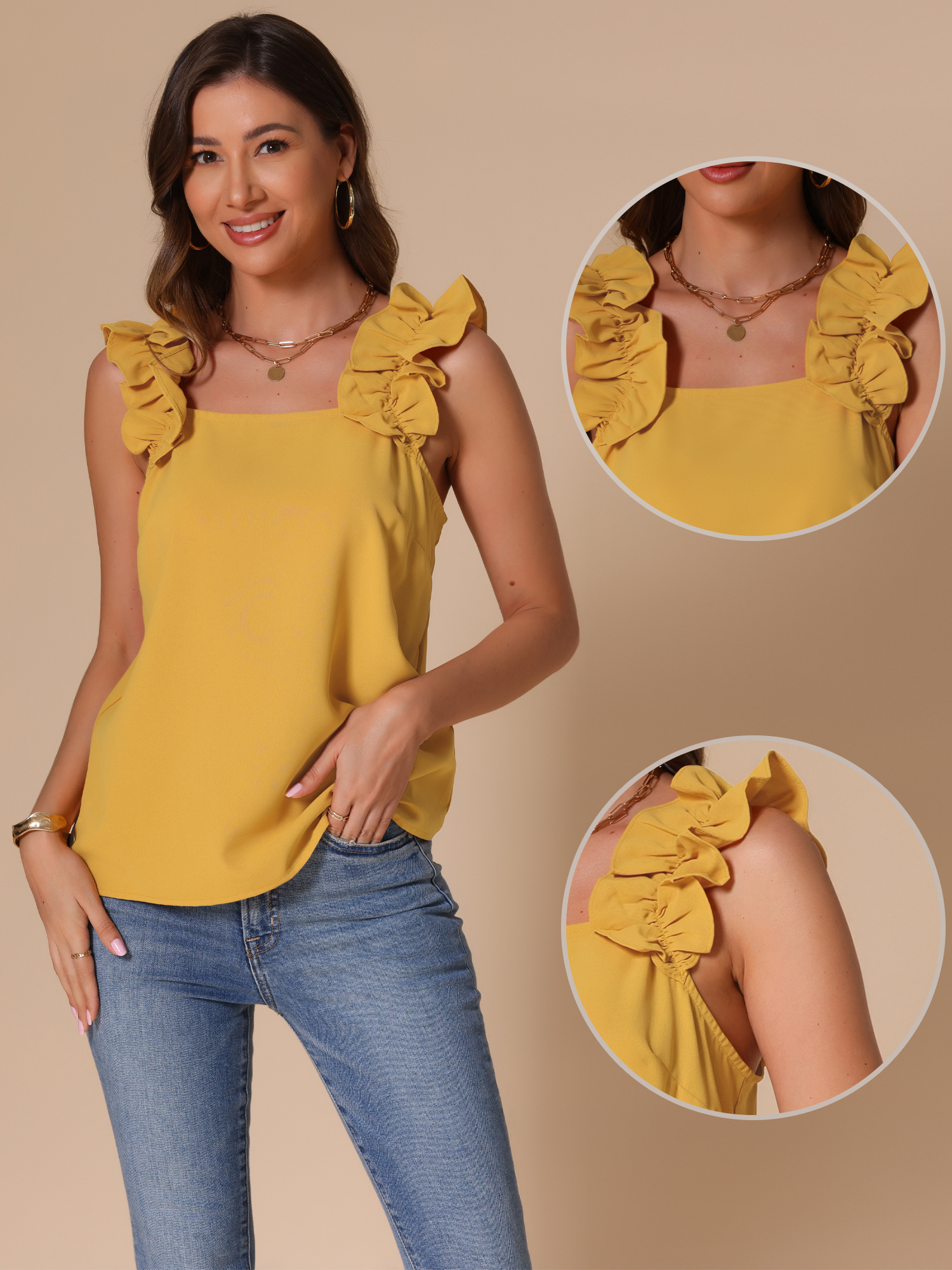 DARING DIVA Women's Ruffle Trim Square Neck Solid Casual Blouses L Yellow
