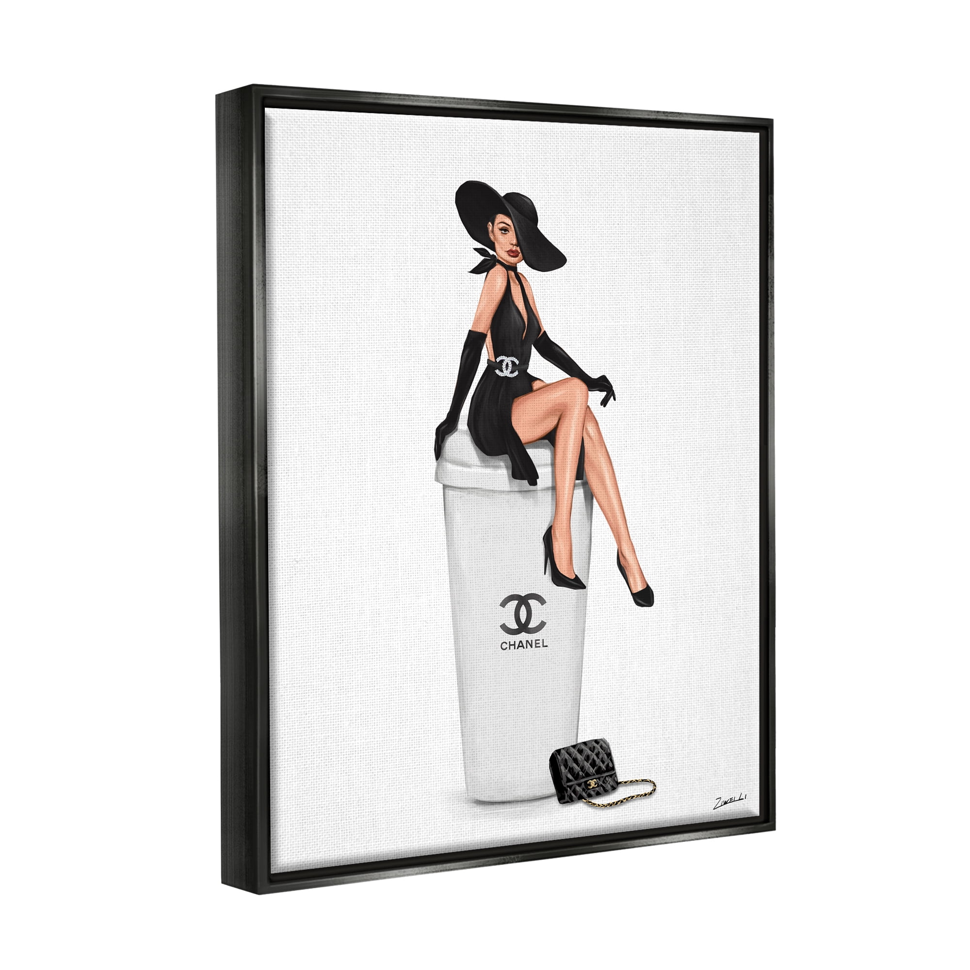Stupell Industries Girl in Black Dress Fashion Food & Beverage Painting Black Floater Framed Art Print Wall Art, 17 x 21