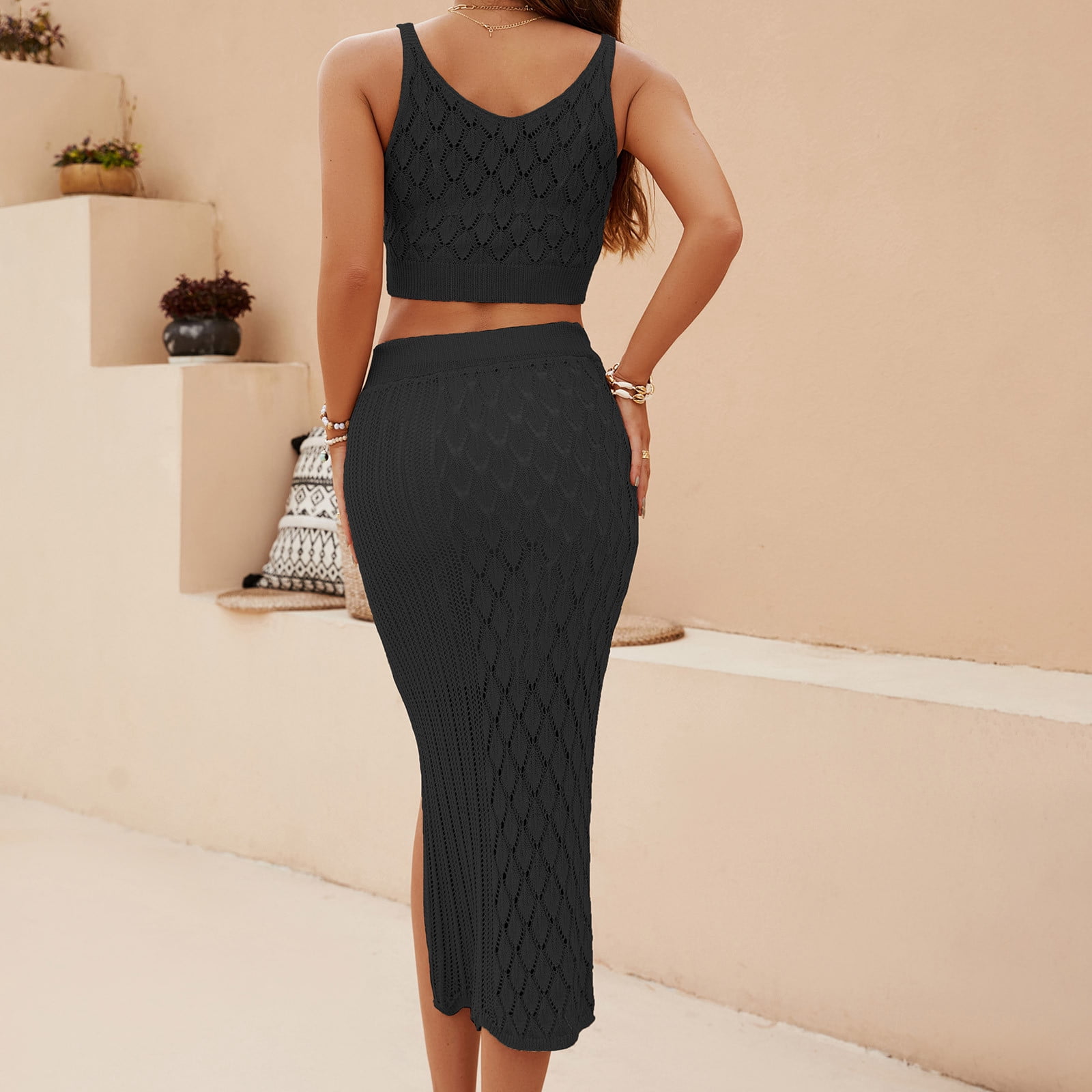 Skirt Sets Women 2 Piece Outfits, Women's 2 Piece Summer Outfits Crewneck Tank Tops Split Bodycon Midi Skirt Dress Set Split Long Dress Set Black M