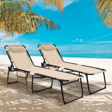 Gymax 2 PCS Patio Folding Chaise Lounge Portable Lay Flat Reclining Chair w/ 4-Level Backrest Side Pocket