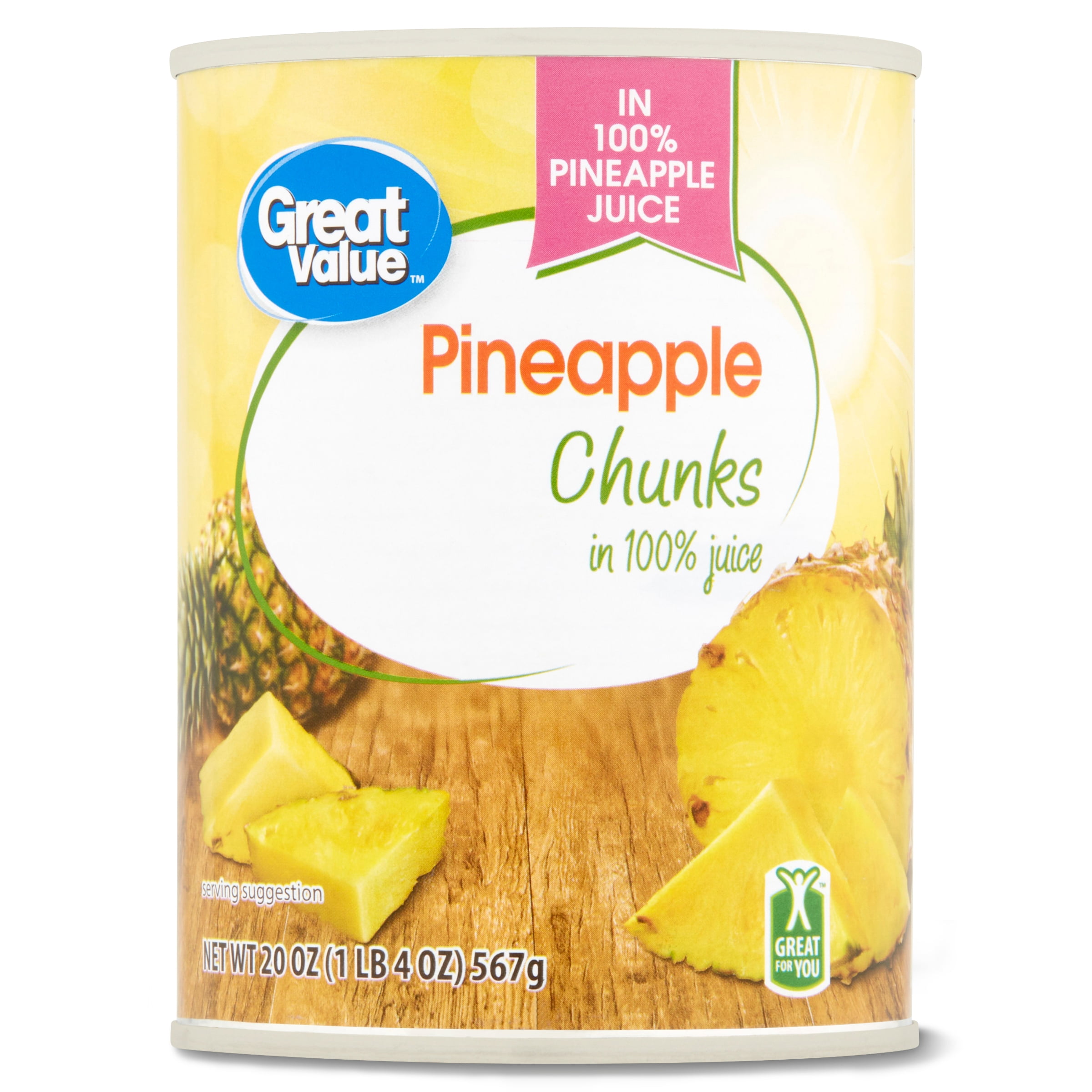 Great Value Canned Pineapple Chunks packed in 100% Pineapple juice, 20 oz