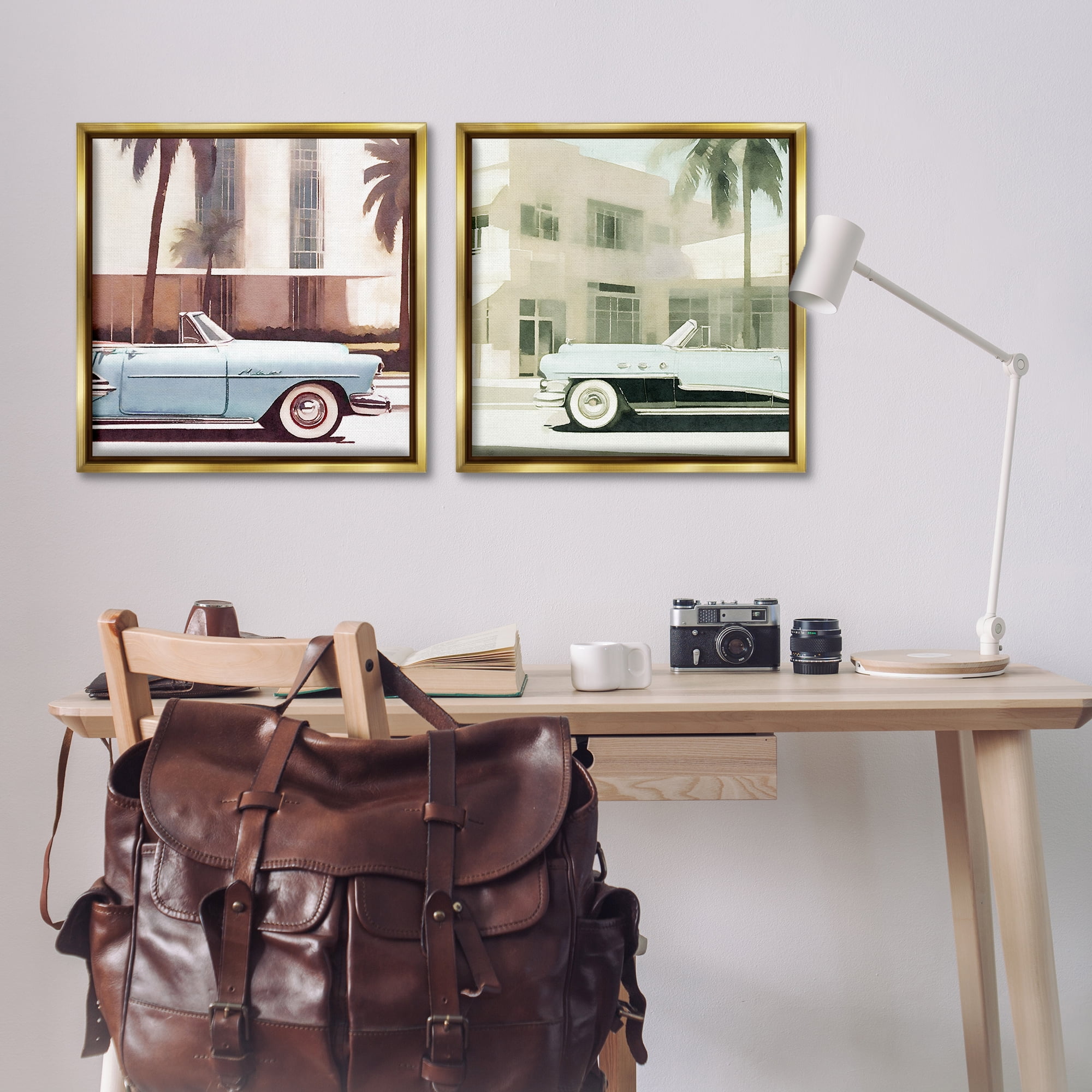 Stupell Industries Miami Cars in Summer Transportation Photography Gold Floater Framed Canvas Art Print Wall Art, 25 x 25, Set of 2