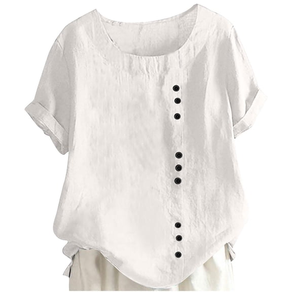 Girls' Summer Solid Color Crew Neck Short Sleeve Button Casual T Shirt Top White 7 Y -8 Y