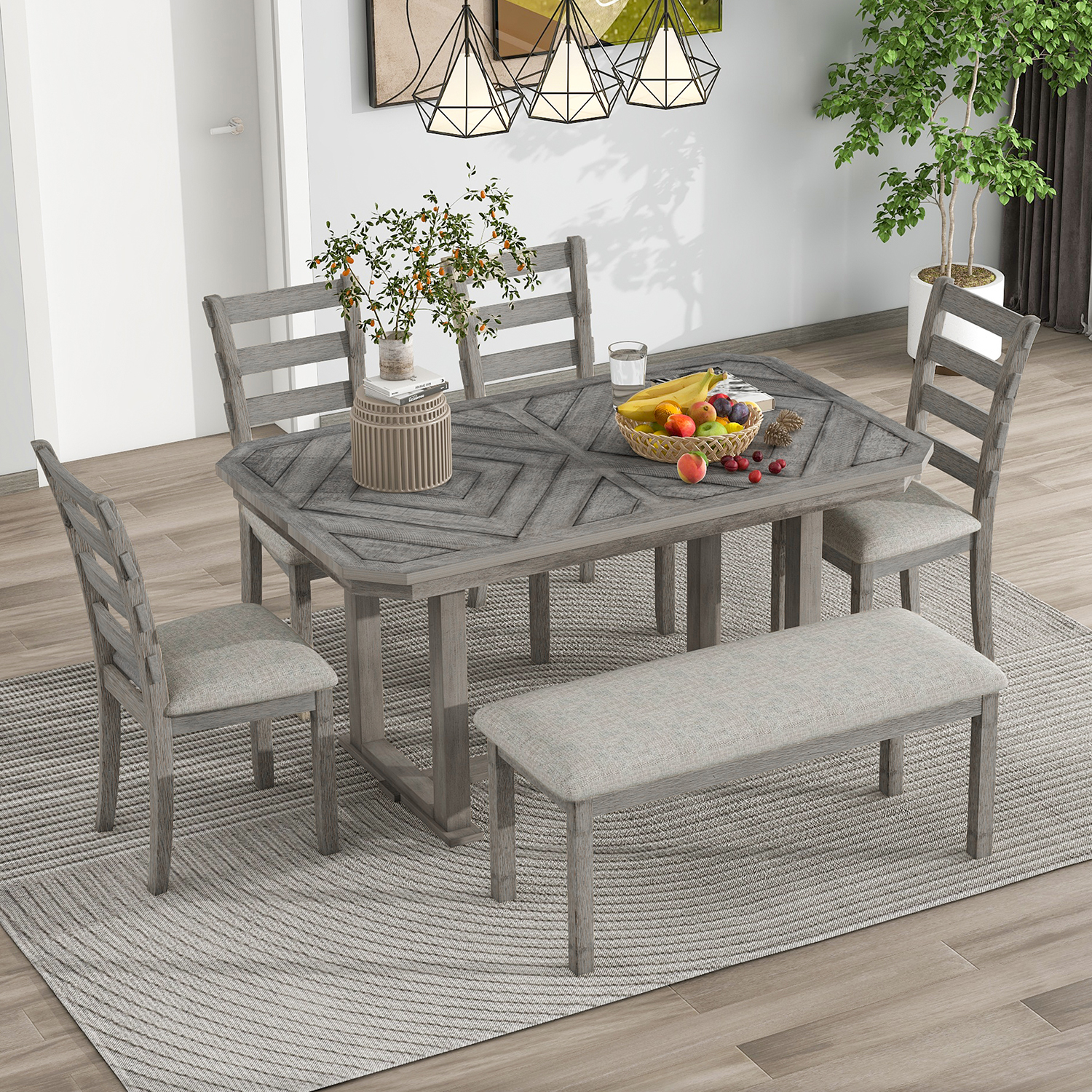 Kadyn 6-Piece Rubber Wood Dining Table Set, Solid Wood Kitchen Table Set with 4 Upholstered Chairs and 1 Bench, Modern Home Dining Set for Dining Room, Gray