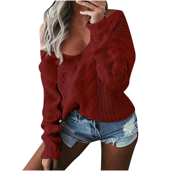 Babysbule Sweaters for Women Women's Casual Loose Fit Solid Off Shoulder Pullover V-Neck Blouse Long Sleeve Tops Sweater