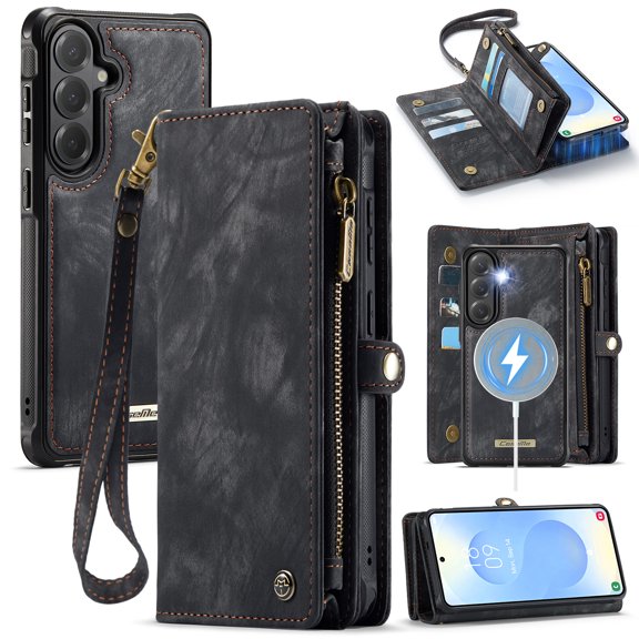 ELEHOLD Multi-Functional Wallet Case for Samsung Galaxy S26 FE,Shockproof Leather Card Slots Zipper Purse Magnetic Detachable Case with Wriststrap ,Black