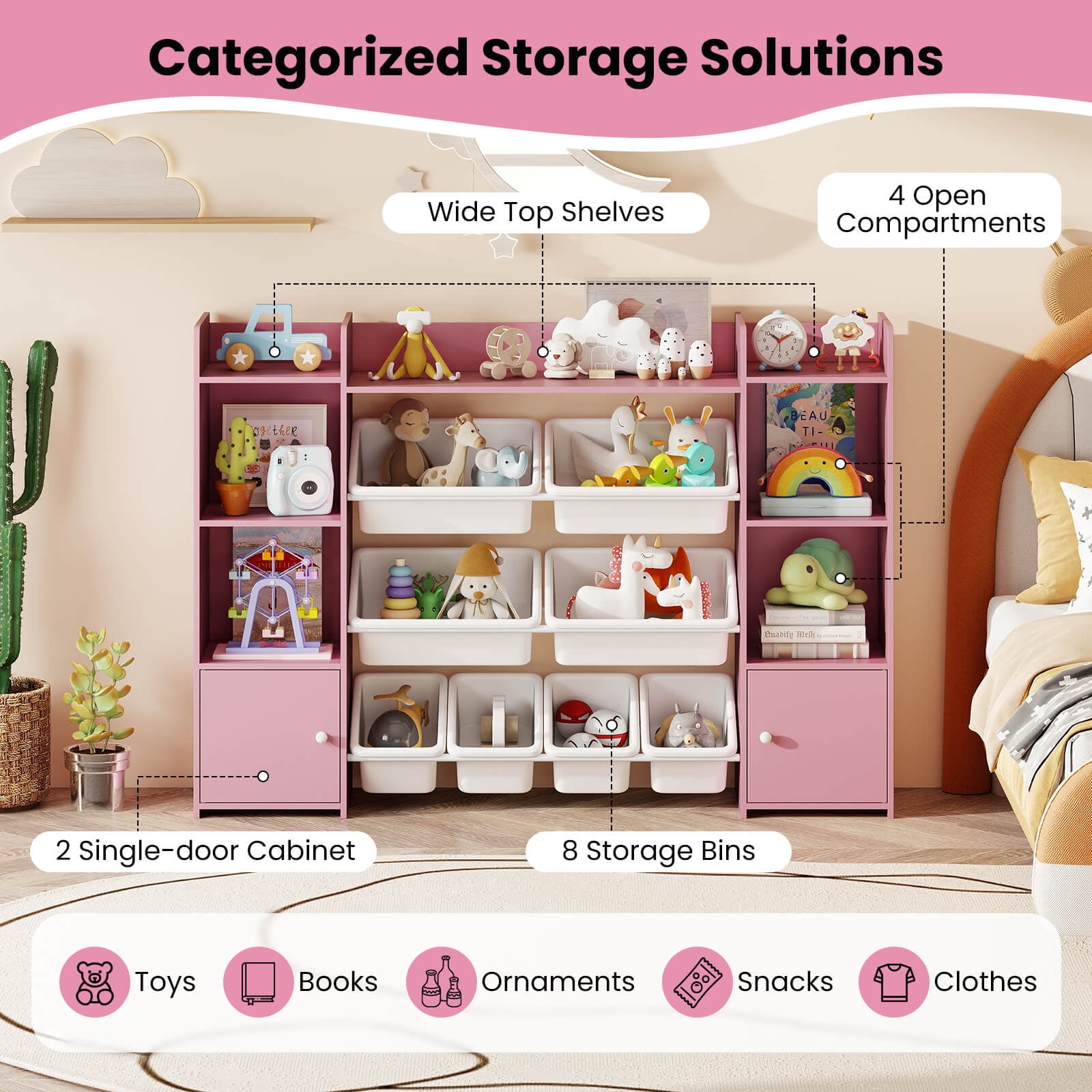 Costway 4-Tier Large Storage Cabinet with 6 Cubbies & 8 Removable Bins Bookshelf Pink
