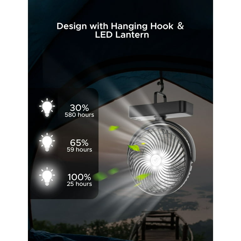 Camping Fan with Led Lantern - 10000mAh 8inch Rechargeable Battery Operated  Tent Fan with Light and Hanging Hook for Outdoor Camping Tent RV Travel