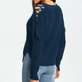 thumbnail image 4 of Htigea Womens Cold Shoulder Lace Up Sweaters Solid V-Neck Long Sleeve Pullover Side Split Knitted Sweater Jumper Navy L, 4 of 7
