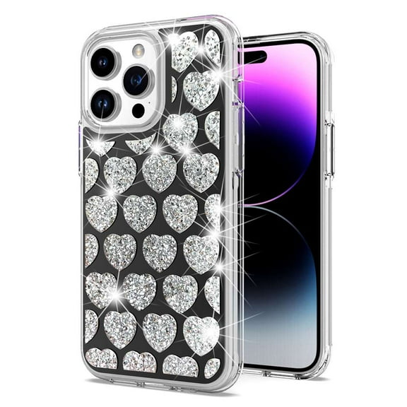 Bemz Bling Case for iPhone 15, Diamond Glitter Sparkle Dual Layer Hybrid Protector Cute Women Girls Cover (Black Love Hearts)