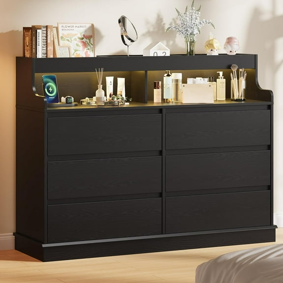 Litake Dresser for Bedroom, 6 Drawer Dresser with LED Lights and Charging Station, Wide Chest of 6 Drawers with Open Space, Modern Large Capacity Storage Cabinet, Living Room, Hallway, Black/Oak/White