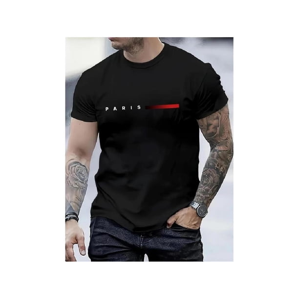 Men's T-shirt Men's Fashion Paris Print T-Shirt, Casual Round Neck, Soft Polyester, Regular Fit, Summer Top, Knitted Fabric, adult Size