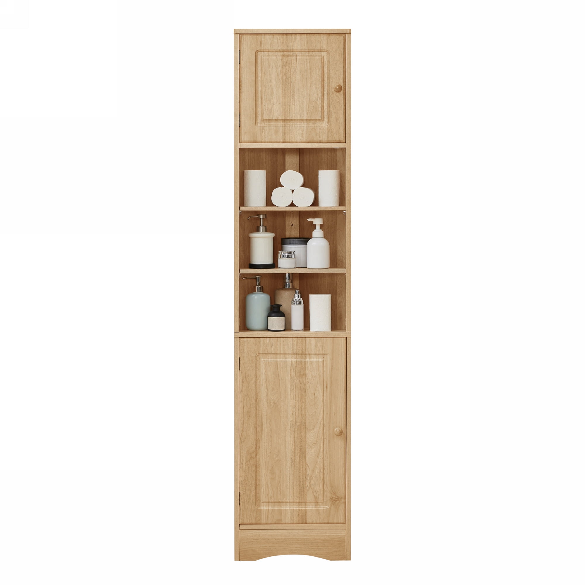 Leumius Multi-Functional Corner Bathroom Storage Cabinet with Two Doors, Adjustable Shelves, Open Shelf, Triangle Space-Saving Design, Natural Finish