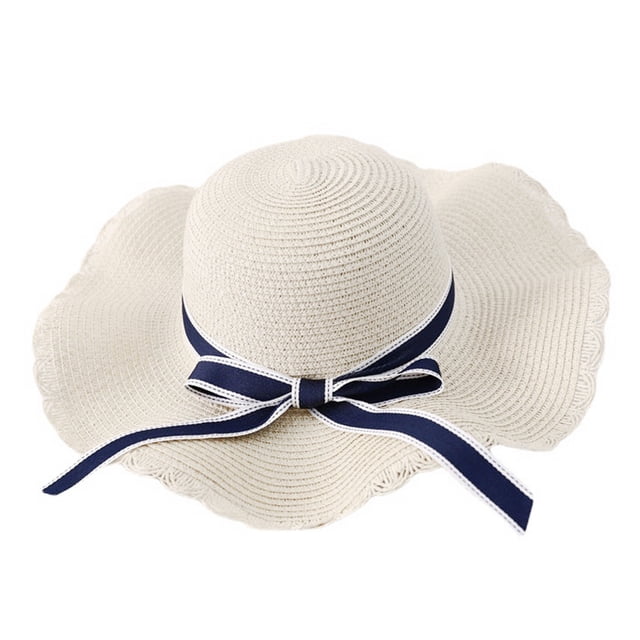 Sombrero de paja con lazo para mujer, circunferencia de 56-58 cm, borde ondulado, cinta, ala grande, sombrero para el sol, sombrero de verano, protector solar, sombrilla de playa
