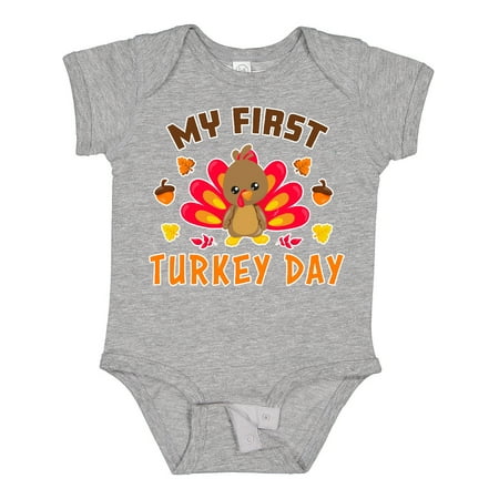 

Inktastic My First Turkey Day with Turkey and Leaves Gift Baby Boy or Baby Girl Bodysuit