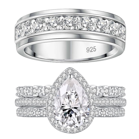 SFTING Wedding Rings Set His and Her 925 Sterling Silver 4Pcs Couple Wedding Rings 5A CZ Engagaement Ring Set Size 9&7
