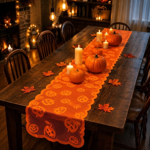 SPOORYYO Halloween Pumpkin Lace Table Runner - Orange Sheer Mesh Scarf for Holiday Dining Decor