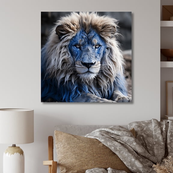 Designart "Enigmatic Blue Monarch Lion" Animals Wall Art - Modern Blue Lion Living Room Canvas Art