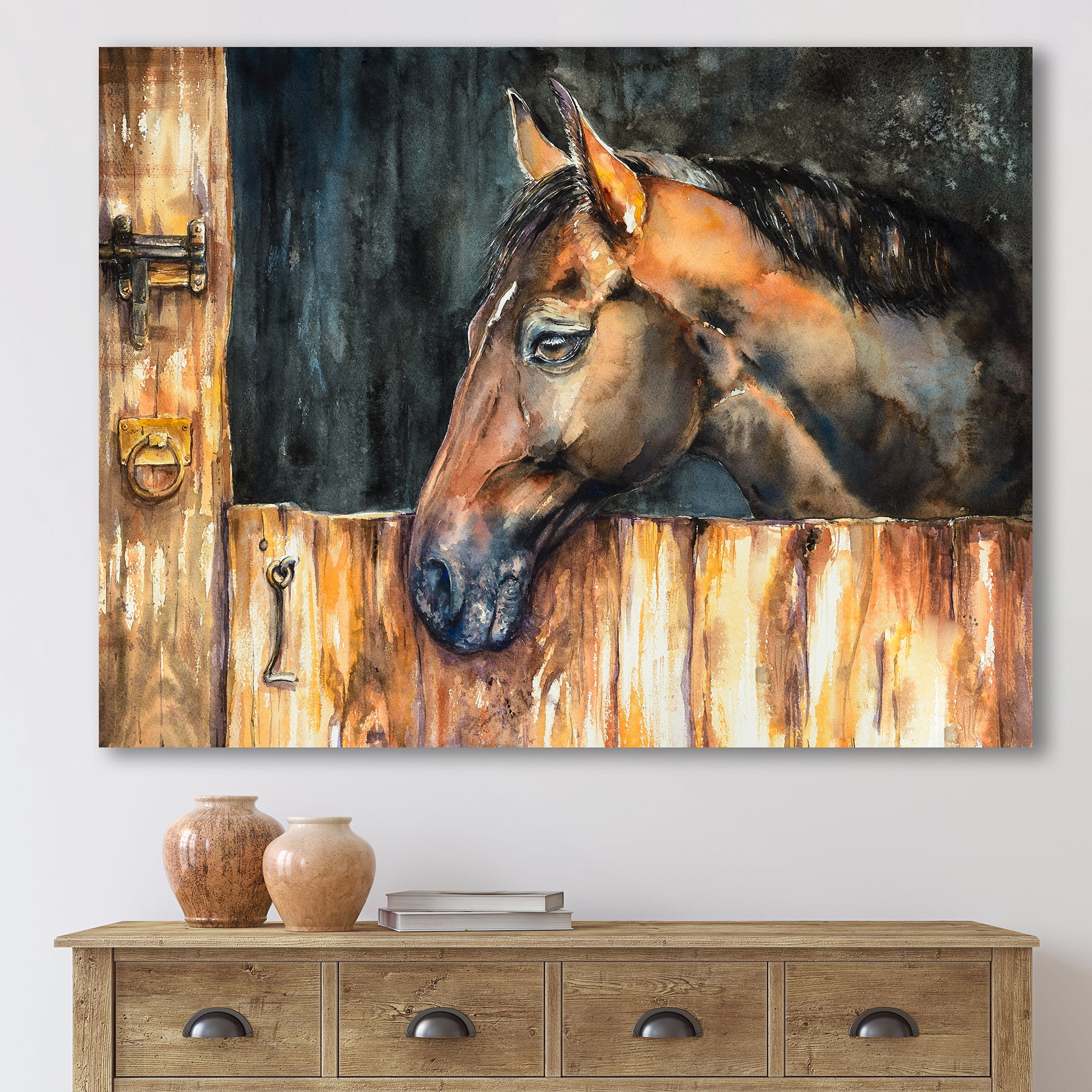 Designart ' Close Up Of The Head of A Horse In Stable ' Farmhouse Canvas Wall Art Print